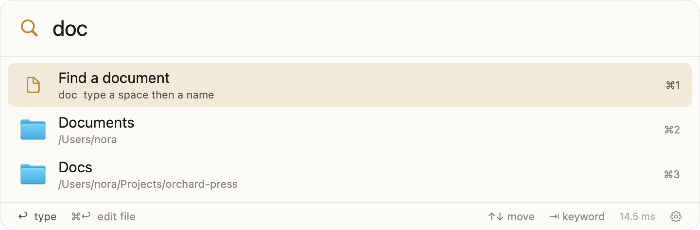 The Jump Valet panel in its light skin with the query doc, showing a keyword command and two matching folders with their paths.